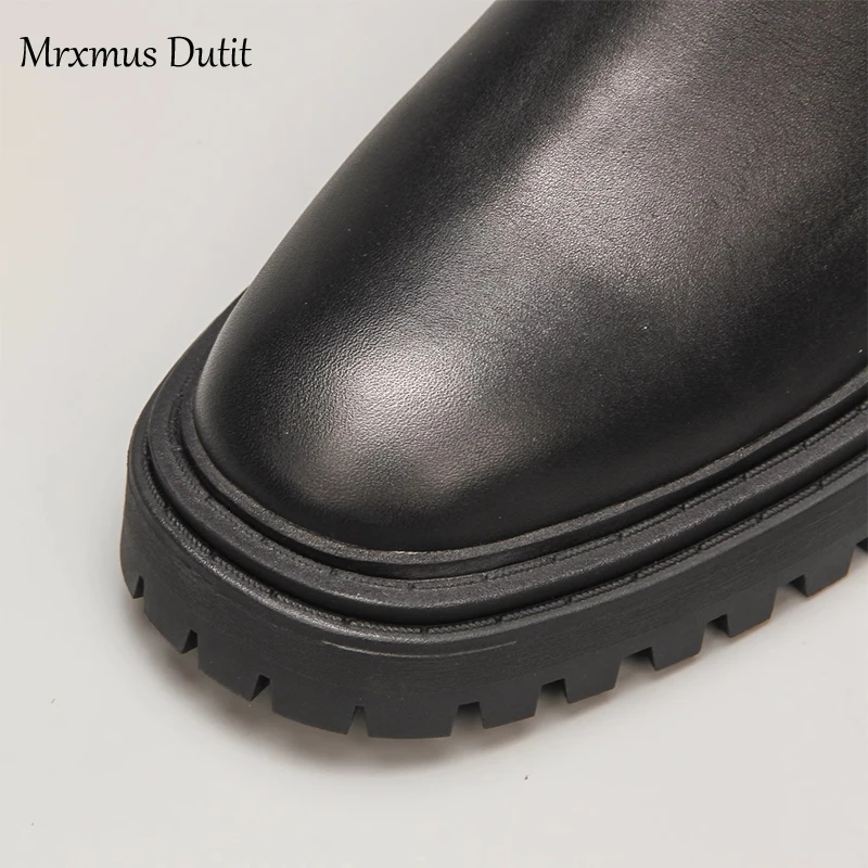 Mrxmus Dutit 2023 Autumn Winter New Fashion Women Genuine Leather Round Head Mid Heel Boots Simple Casual Shoes Female Chic