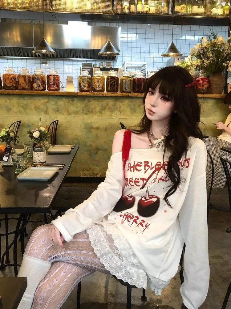 Sweet Off Shoulder White T-shirt Women Cherry Letter Printed Spliced Lace Long Sleeve Tops Japanese Harajuku Loose Tees