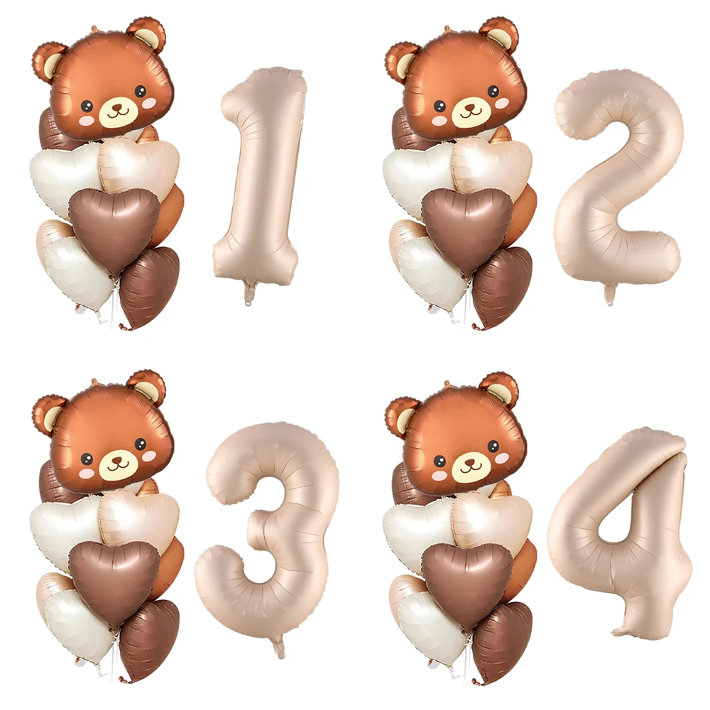 6/8pcs Coffee Brown Bear Heart Balloon Set with 30inch Caramel Number Balloon for Birthday Party Decoration Baby Shower Supplies