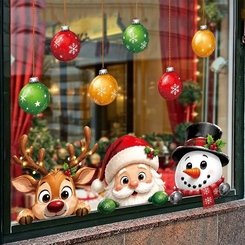 1pc Christmas Holiday Window Cling, Static Cling Window Decals with Christmas Ornaments, Reindeer, Santa Claus, and Snowman