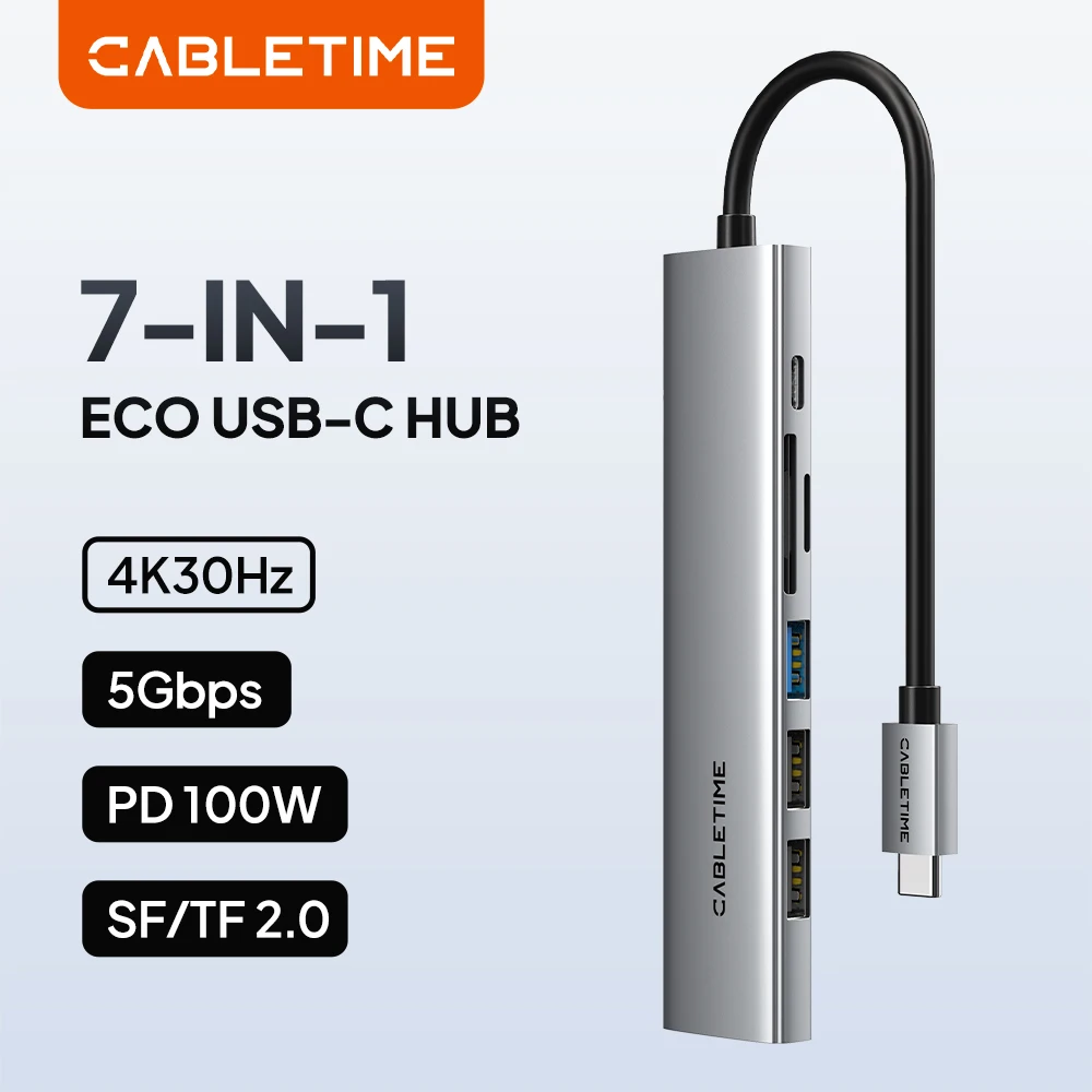 CABLETIME Ultra Slim 7 in 1 USB C Hub Type C Adapter 4K HDMI SD/TF Card Reader Multiport Aluminum External Drive Dock for Laptop
