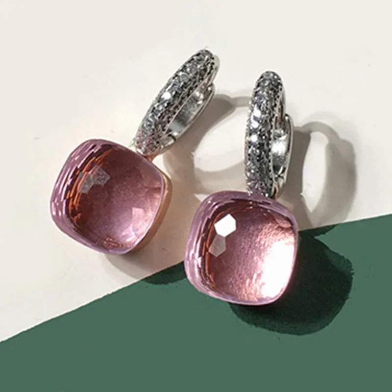 

100% 925 Sterling Silver Candy Style 21 Colors Pink White Blue Green Black Yellow Crystal Drop Earring For Women Fine Jewelry