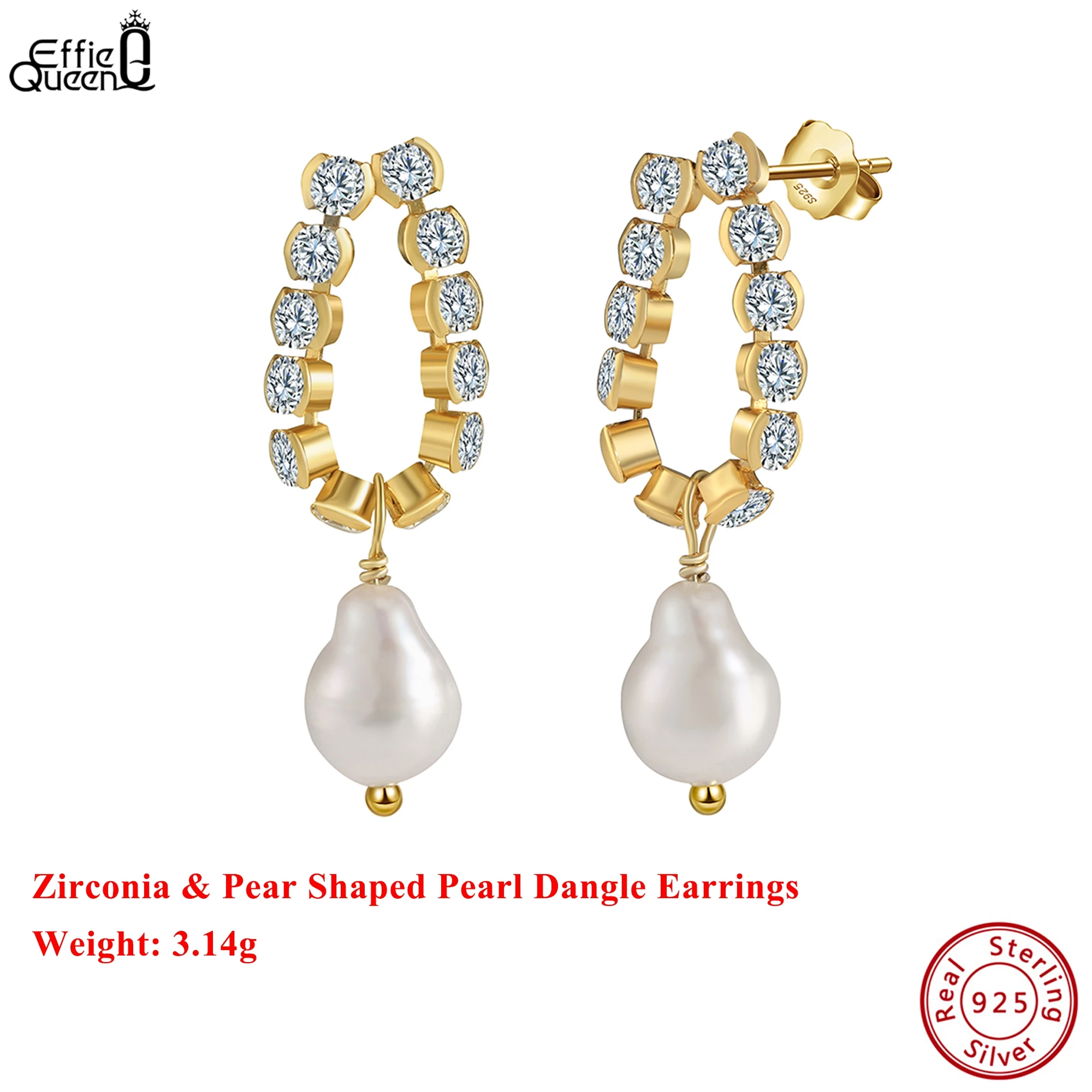 

Effie Queen, серебро 925 пробы, 14-каратное золото, грушевидные серьги-капли с пресноводным жемчугом, роскошные ювелирные изделия с цирконием для женщин, банкет GPE76