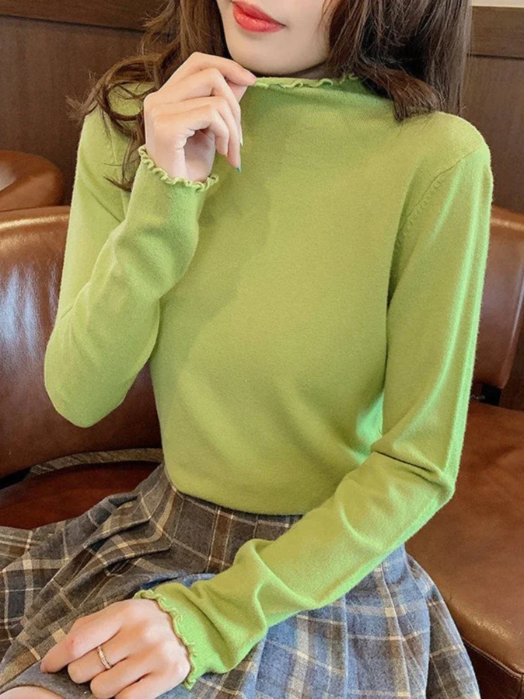 2025 المرأة ضئيلة طويلة الأكمام قاعدة قميص المألوف الياقة المدورة الصلبة الخريف تي شيرت شتوي الكورية نمط بسيط قاعدة طبقة القمم