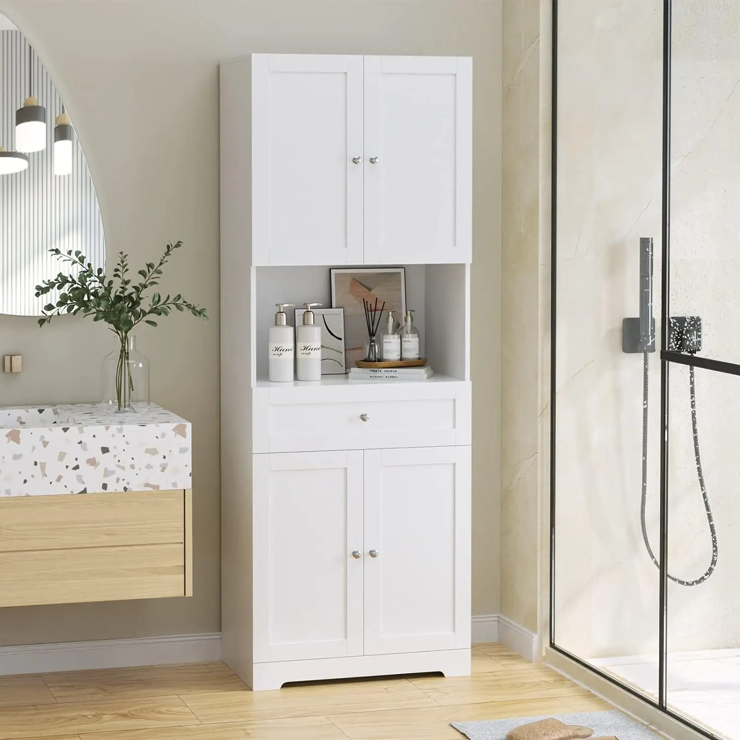 Bathroom Storage Cabinets, Modern Linen Storage with 4 Doors & Shelves & Drawer, 67