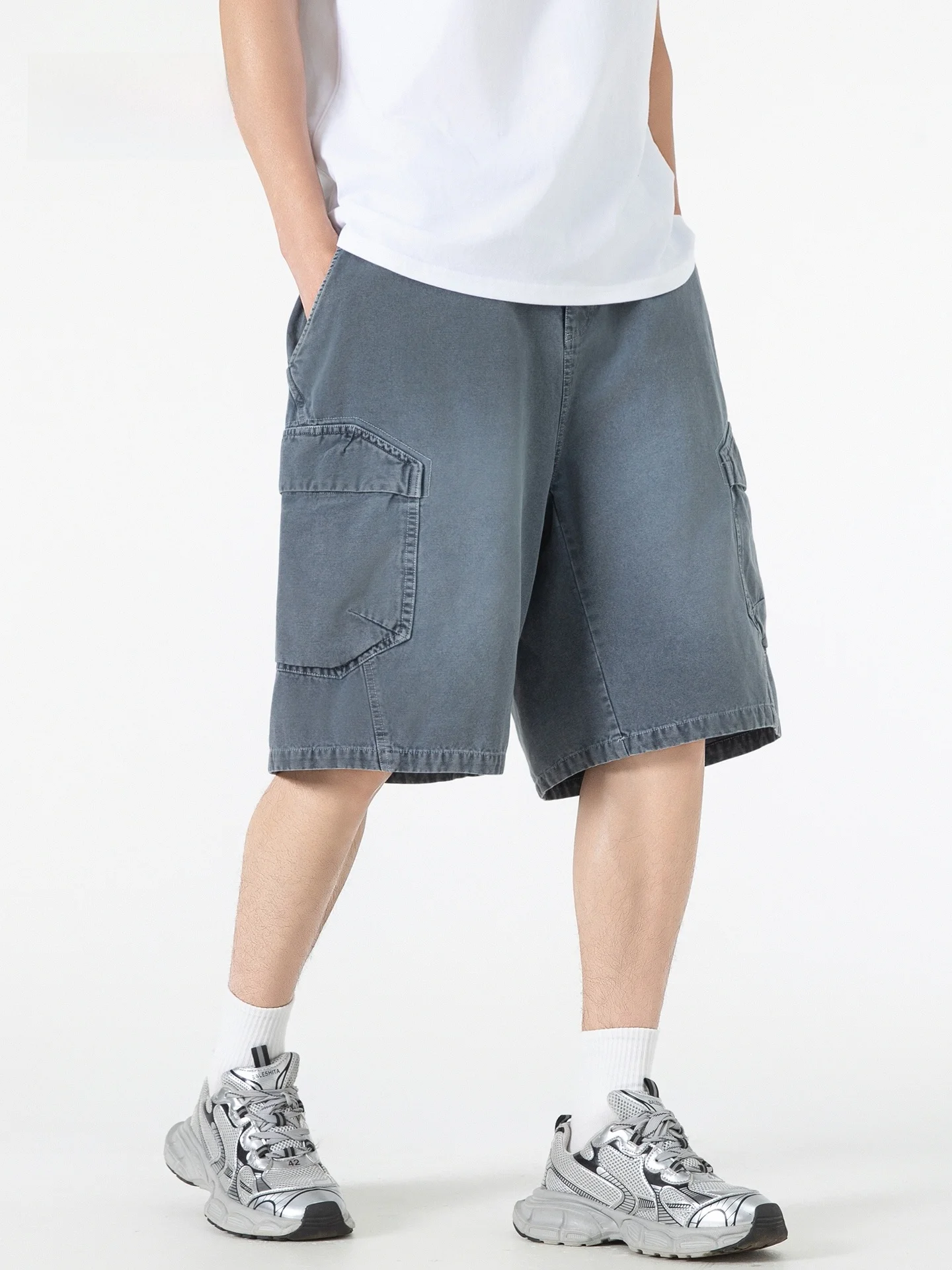 

Американская рабочая одежда в стиле ретро, мужские летние тонкие свободные джинсовые брюки из чистого хлопка с пятью точками, повседневные брюки с прямыми штанинами