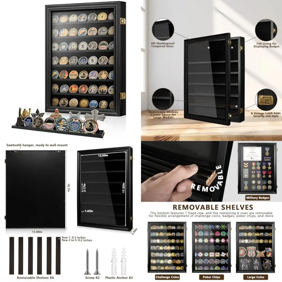 

7 Rows Military Challenge Coin Holder Wall Display Case with HD Tempered Glass Holds 100 Coins, Medal Display Cabinet Rack Shad