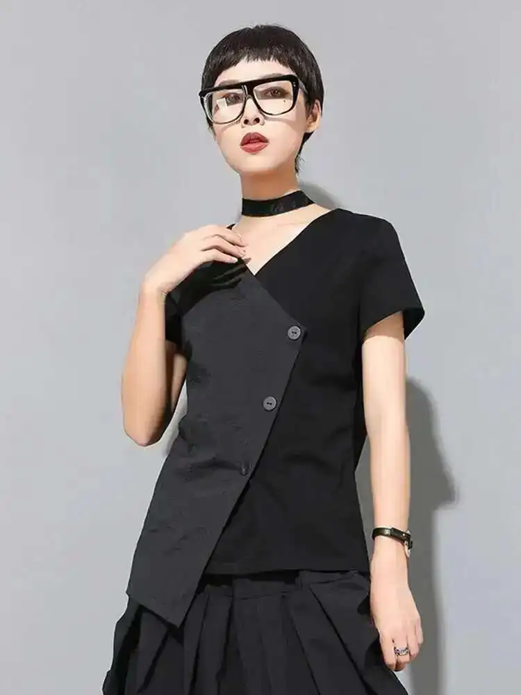 

Women Black Irregular Slit Color-block Big Size T-shirt New V-Neck Short Sleeve Fashion Tide Spring Summer