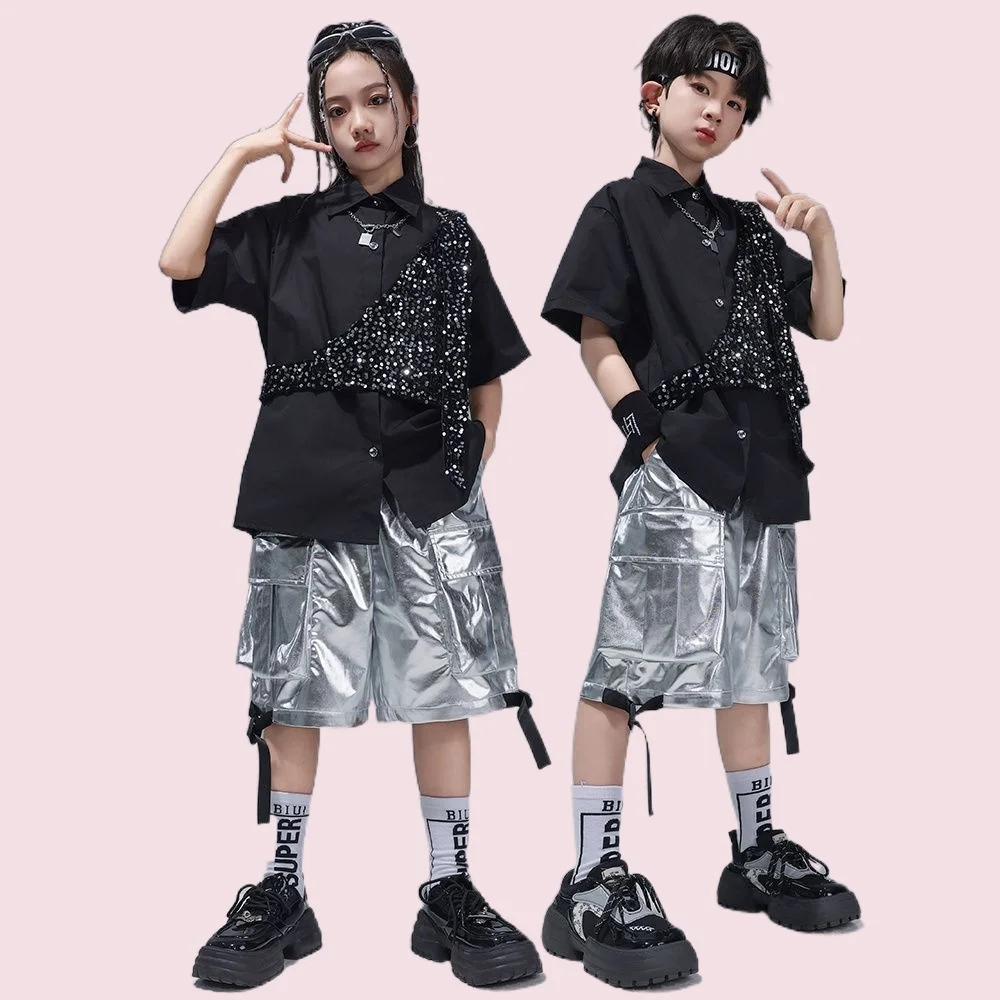 

Children's Street Hip-Hop Trendy Outfit Set For Girls, Stylish Shiny Silver Cool Fashion Show Jazz Dance Costume