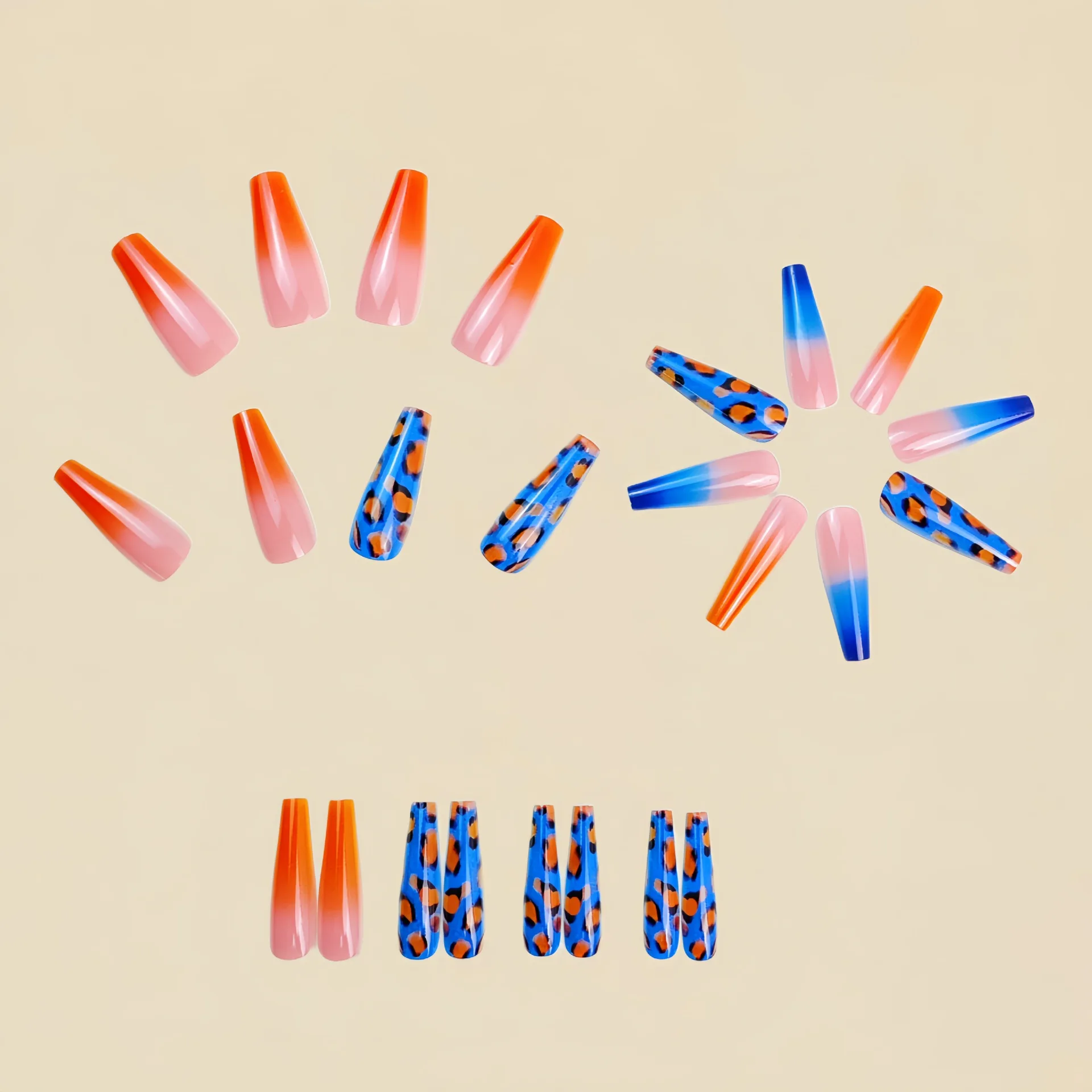 Gradient orange blue fake nails for women Y2K Leopard printing Medium long ballet nail tips full cover press on false nail art