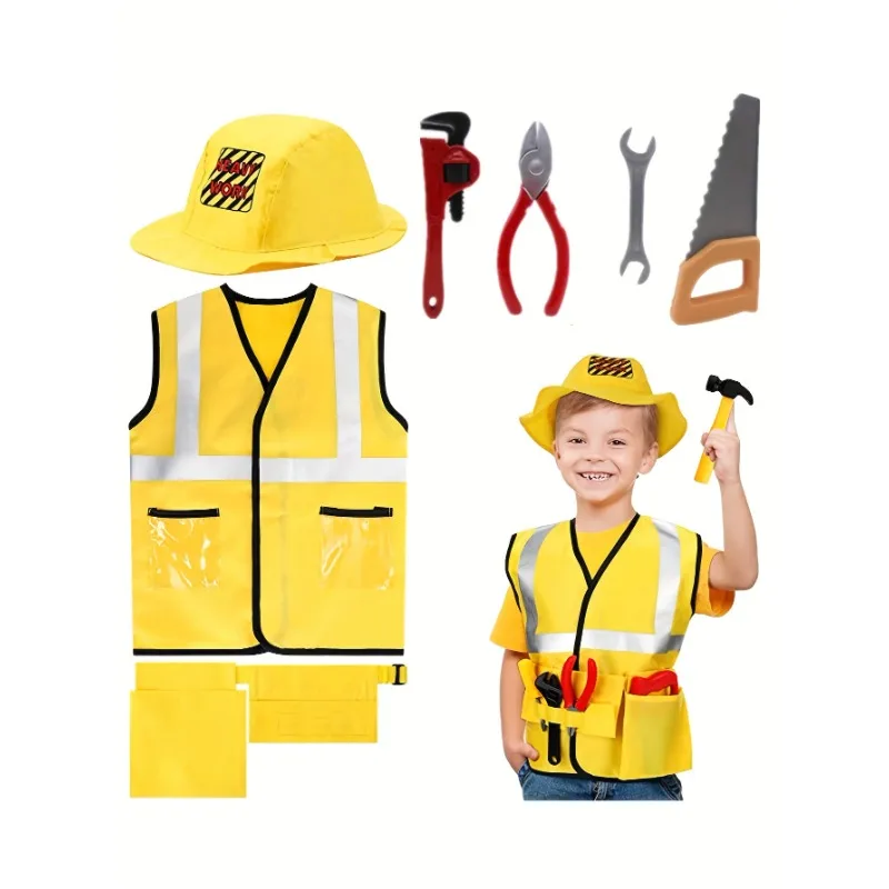 

С инструментами, милый костюм жилета для строительных рабочих, 5 предметов, желтый светоотражающий жилет, искусственное платье