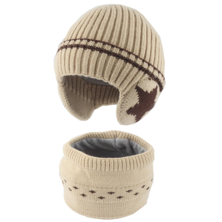 

2024 Winter Knitted Hat Scraf Set Kids Boys Girls Fleece lining Warm Skullies Beanies Children Ear Protection Baby Cap