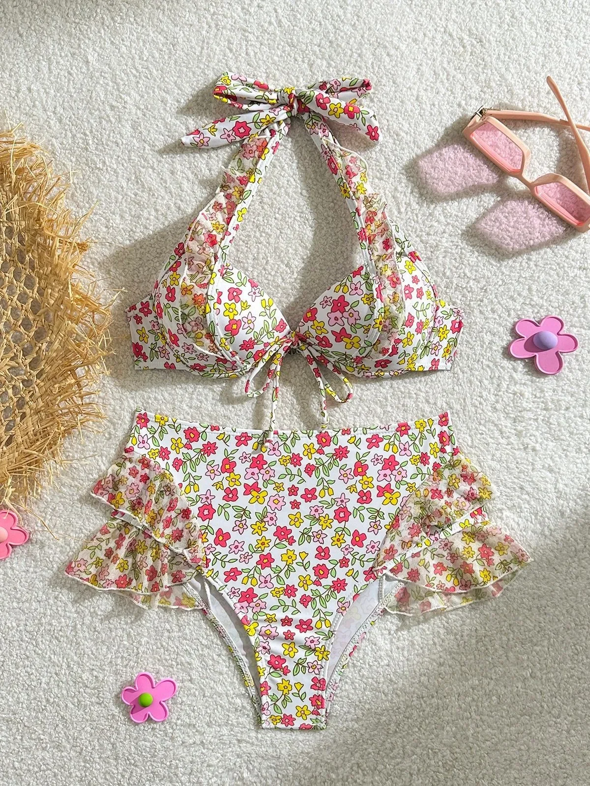 

Новинка 2025 года, купальник из 2 предметов с цветочным принтом, высокая талия, рюши на косточках, пуш-ап, Холтер, открытая спина, комплект бикини, пляжный отдых, купальник