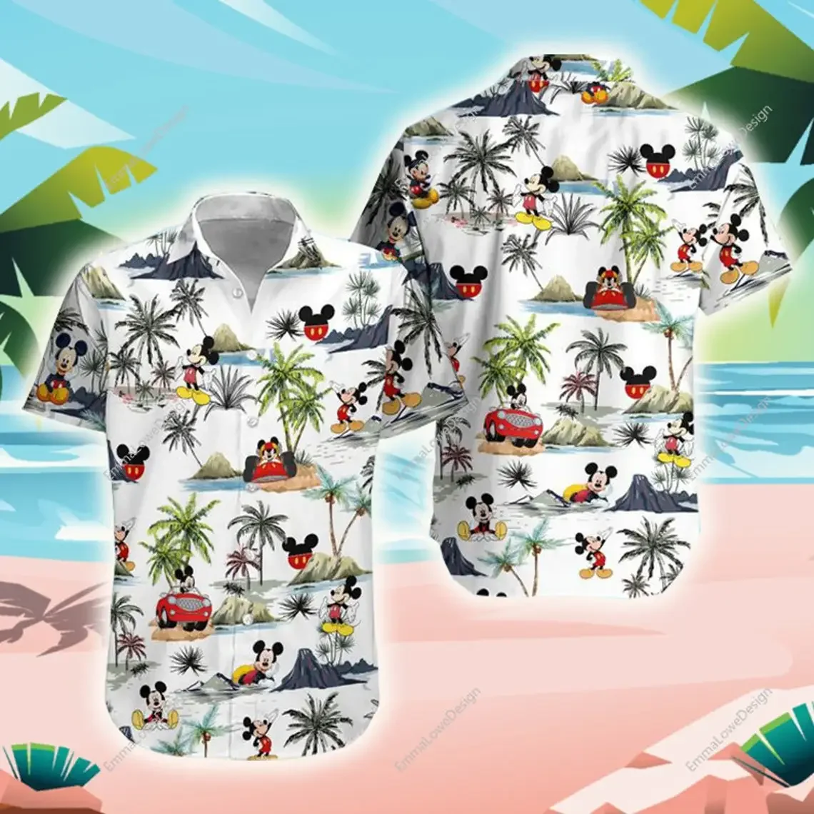 Camisa havaiana mickey mouse, camisa de praia manga curta, shorts disney viagem, verão, novo