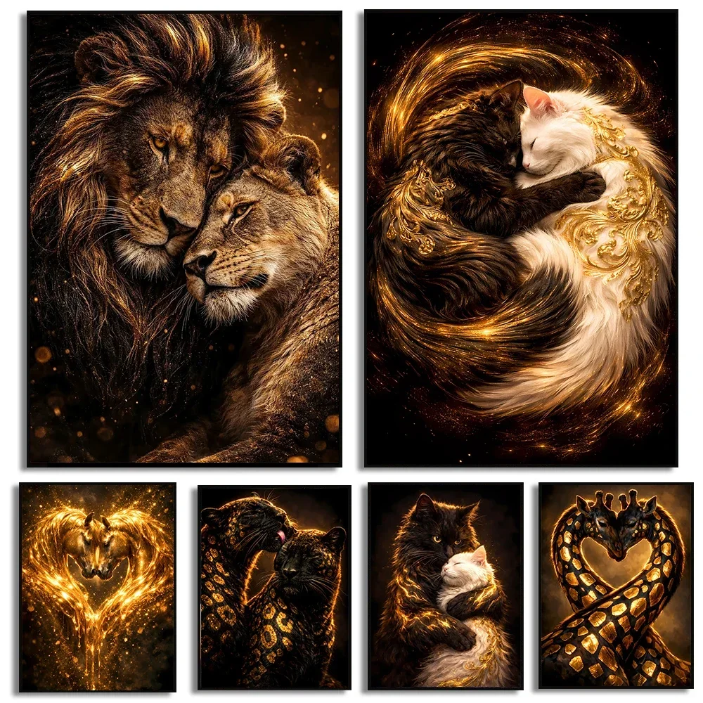 2026 frameless Luxury Animal Love Posters Golden Luxury Animal Prints Canvas Painting Wall Art Pictures Home Living Room Roman