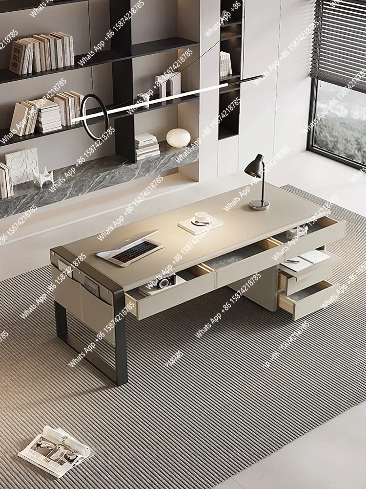 Y Light Luxury Modern Saddle Leather Desk Home Study Premium Solid Wood Desk Computer Desk