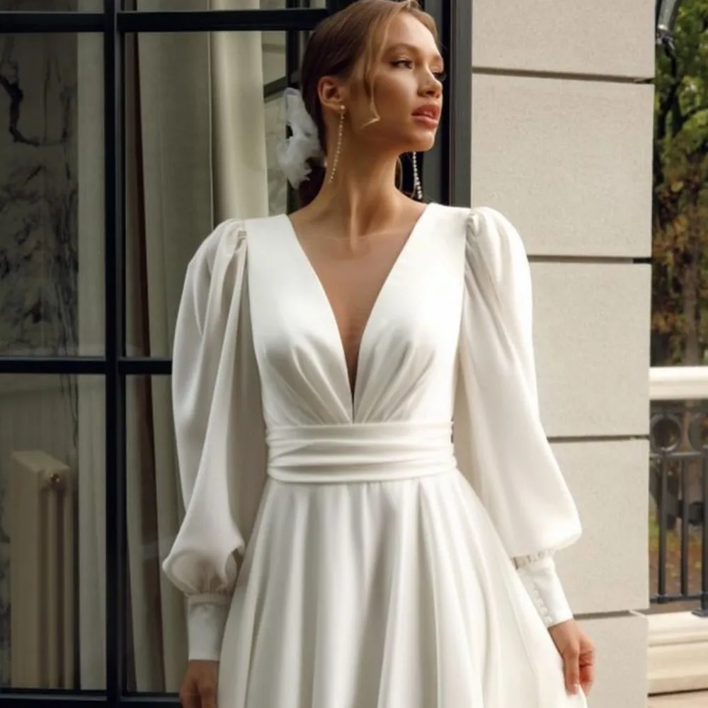 Elegant Chiffon Wedding Dress 2025 Simple V-Neck Long Puff Sleeves White Bride Gowns For Women Modern Vestidos De Noiva