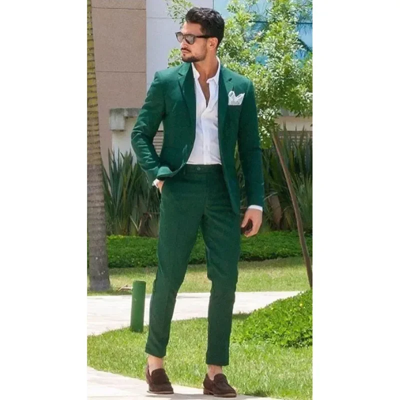 2 Piece Green Men Suits Single Breasted Notch Lapel Summer Blazer Chic Slim Fit Full Set Elegant Prom Party Jacket Pants Terno