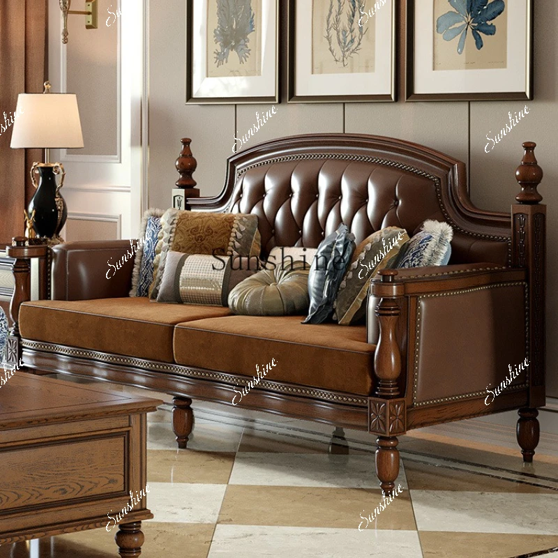 American light luxury solid wood leather small apartment retro style simple three-person sofa  FT