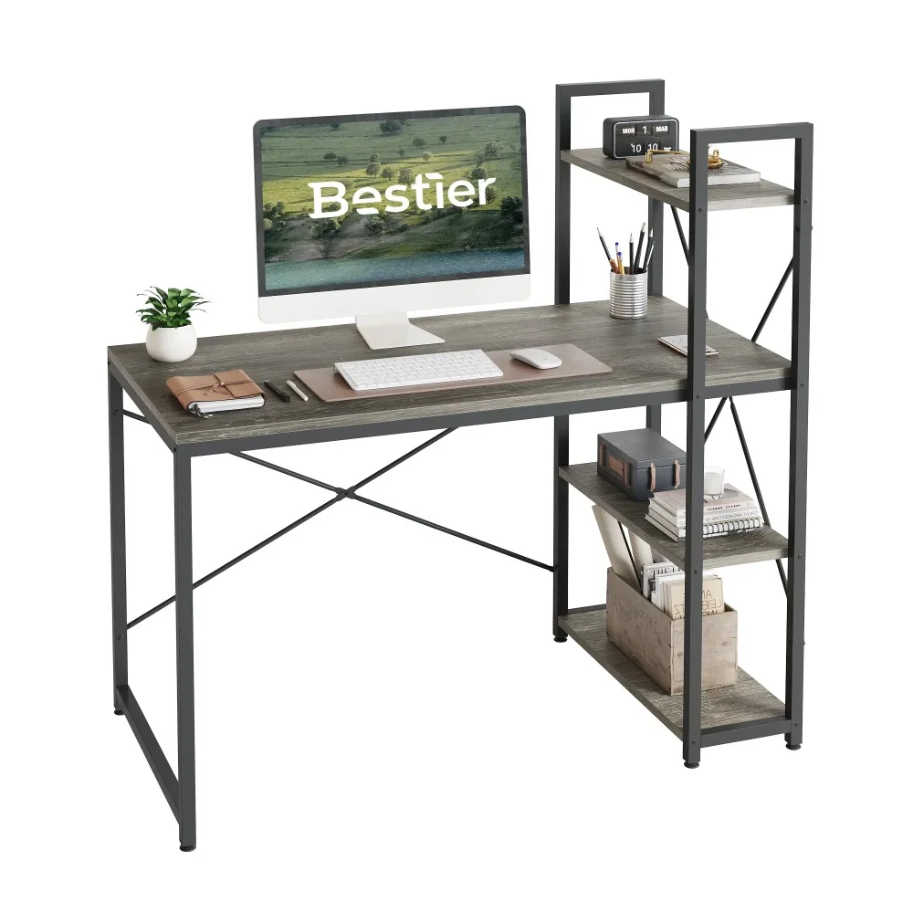 Home Office Desk, Sturdy Workstation with 4-Tier Shelves, 47'' Reversible Computer Desk, Computer Desk