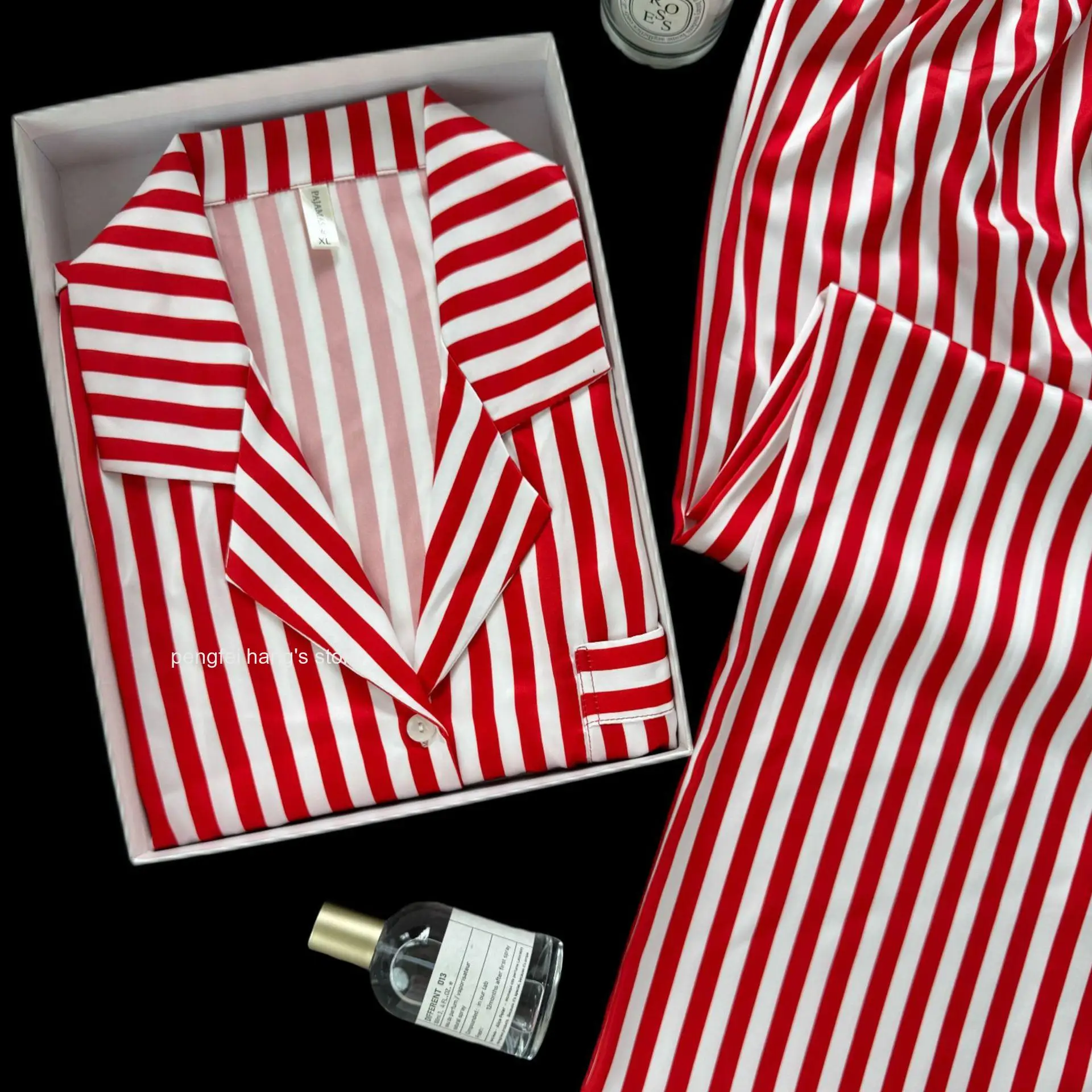 Women Spring Autumn Striped Ice Silk Pajama Set Lapel Collar Cardigan Long Sleeve Long Pants Loose Korean Style Homewear 4