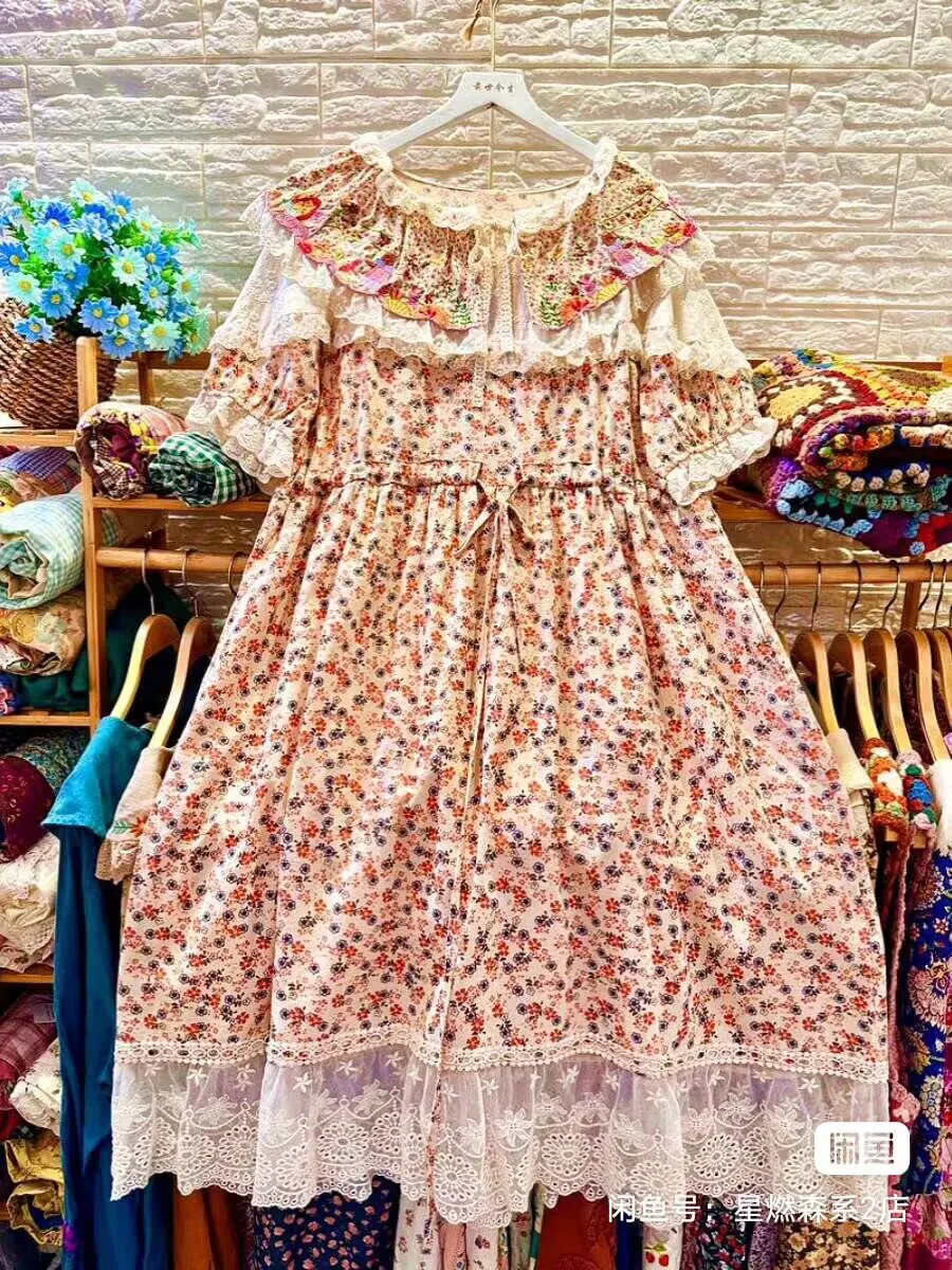 

Women Vintage Mori Girl Cotton Linen Lace Cottagecore Long Dress Retro Chic Sweet Lolita Midi Dress