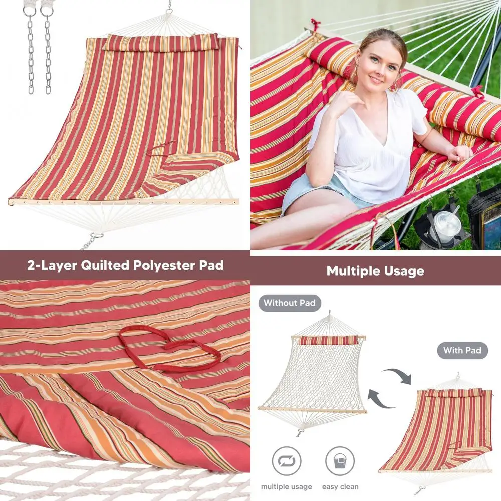

Red Stripe Double Hanging Hammock with Cushioned Pad and Hardwood Bar
