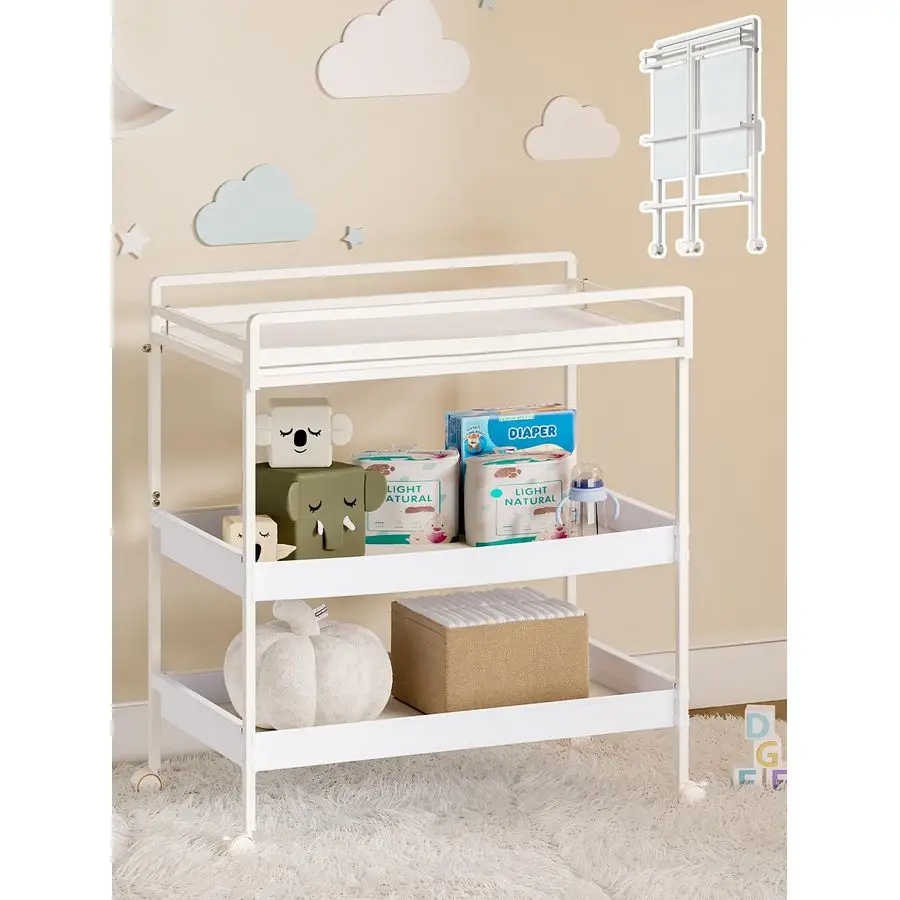 Opvouwbare babycommode met wielen, gecertificeerd luierwisselstation met opbergladen, 3-in-1 draagbare compacte luier