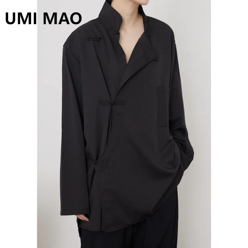 UMI MAO Yamamoto Dark Top Trendy Personalized Chinese Style Stand Up Collar Pan Button Temperament Long Shirt Men Women