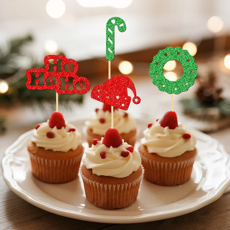 YOMDID 24 Stück Weihnachts-Cupcake-Topper, glitzernde Party-Kuchenaufsätze, Weihnachtsmütze, Kranz, Zuckerstange, Ho, Ho, Worte, Kuchendekoration
