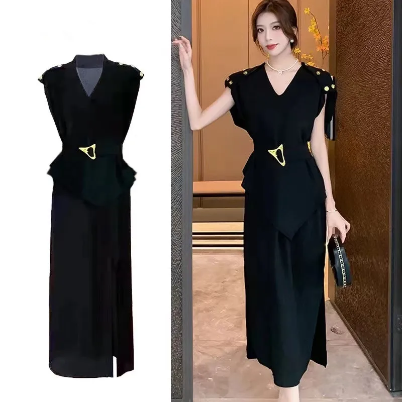 New Elegant Chic Women V Neck Black Midi Dress 2024 Fashion Summer Short Sleeve Irregular Split Ladies Office Belt Long Vestidos