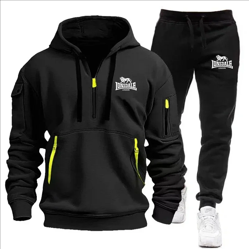 New Spring and Autumn Men's Multi-pocket Zipper Hoodie + Sweatpants Two-piece Jogging Leisure Fitness Sports Clothing Set