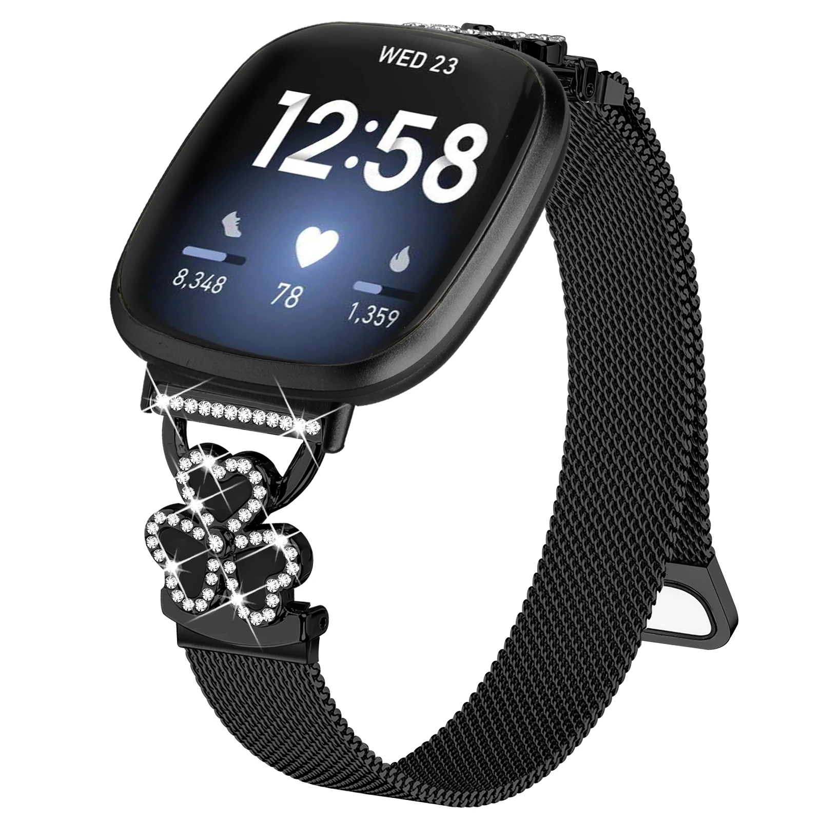 Electroplated Milanese Strap for Fitbit Versa 4 / 3 / Sense 2 Heart Clover Watchband - Black+Black Shell