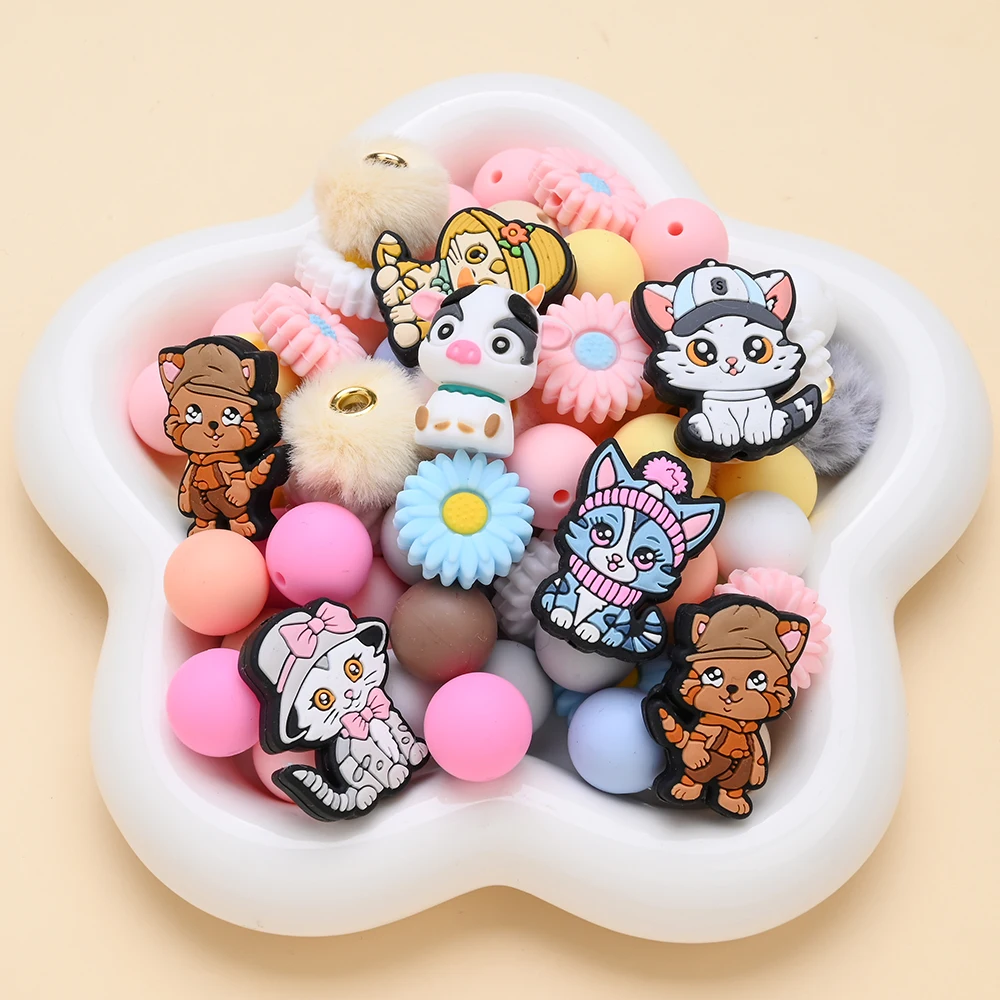 

14 шт., набор силиконовых бусин в форме кошки, фокусные бусины без BPA, пищевые силиконовые бусины для DIY, детские прорезыватели, цепочки для соски