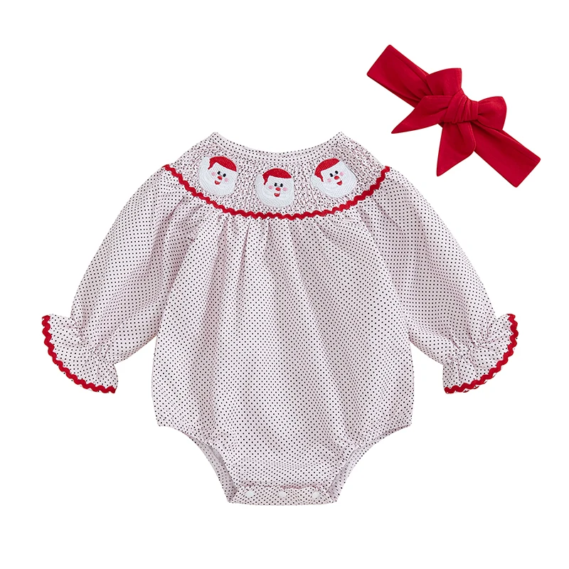 Baby Girls Christmas Romper Snowman Embroidery Dot Print Long Sleeve Jumpsuits and Cute Headband Set