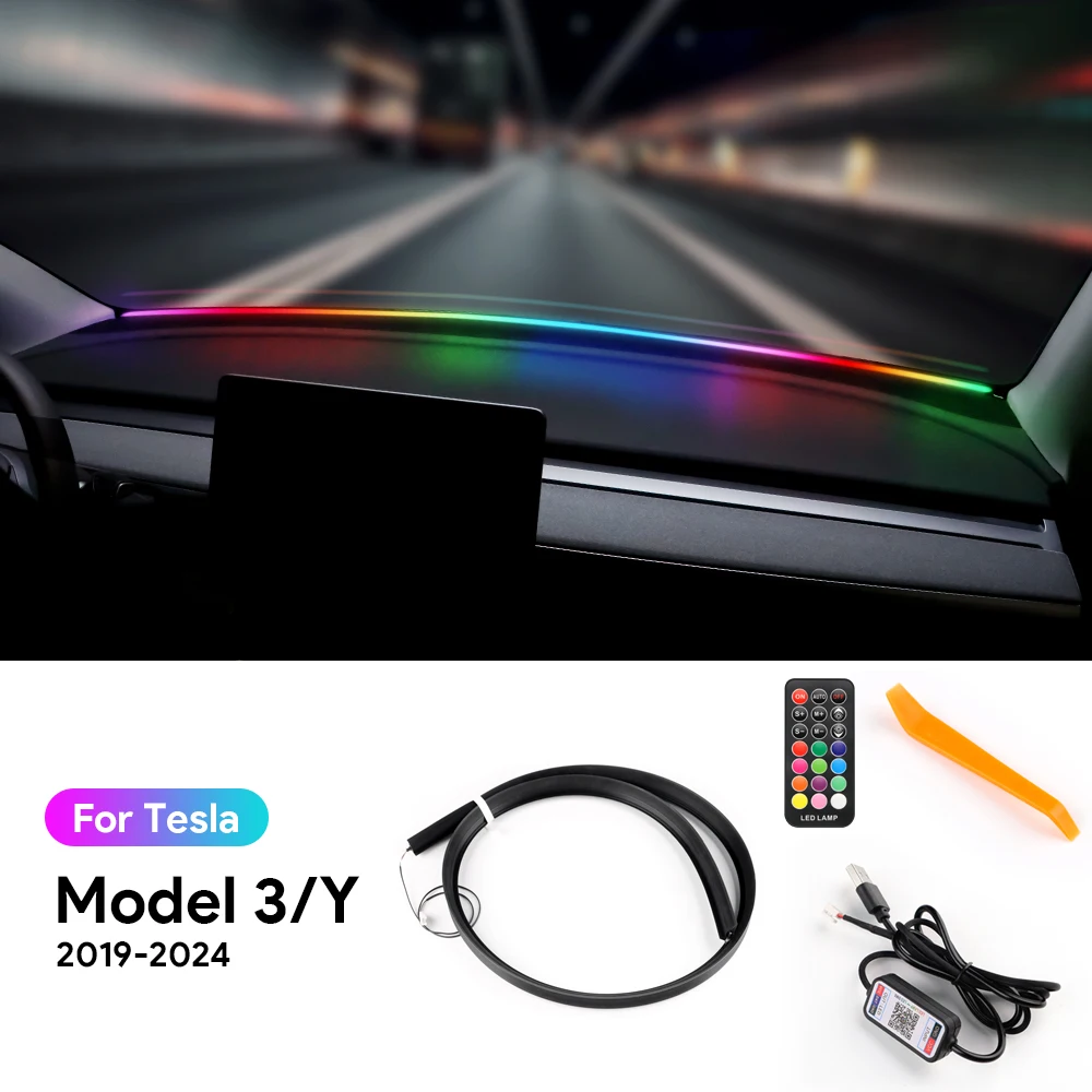 Ambient Strip Front Windshield Car LED Light for Tesla Model Y RGB USB APP Model 3 2019-2024 136cm Control Remote Symphony Lamp