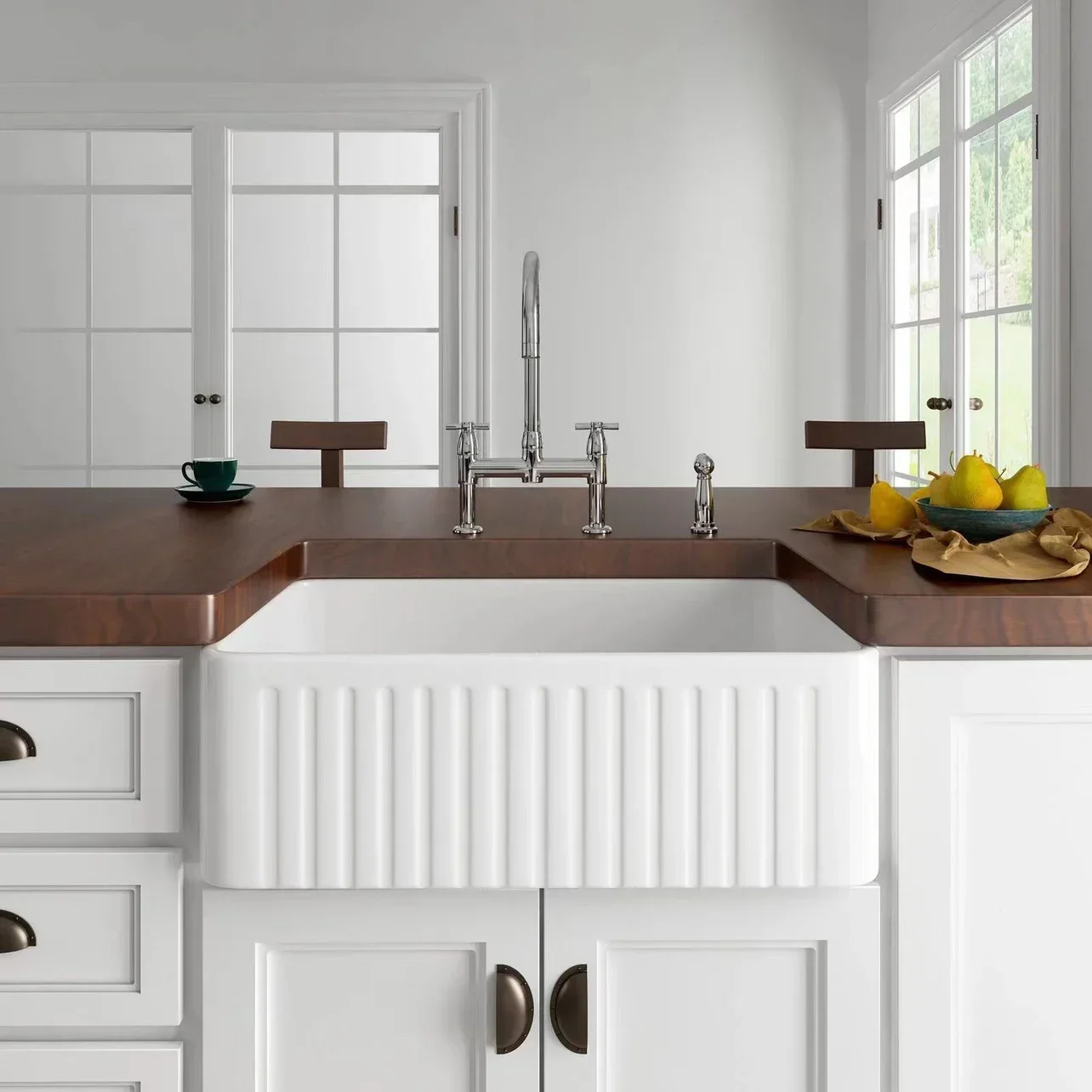 American style kitchen ceramic semi embedded under the counter vegetable sink open cabinet Farmhouse sink