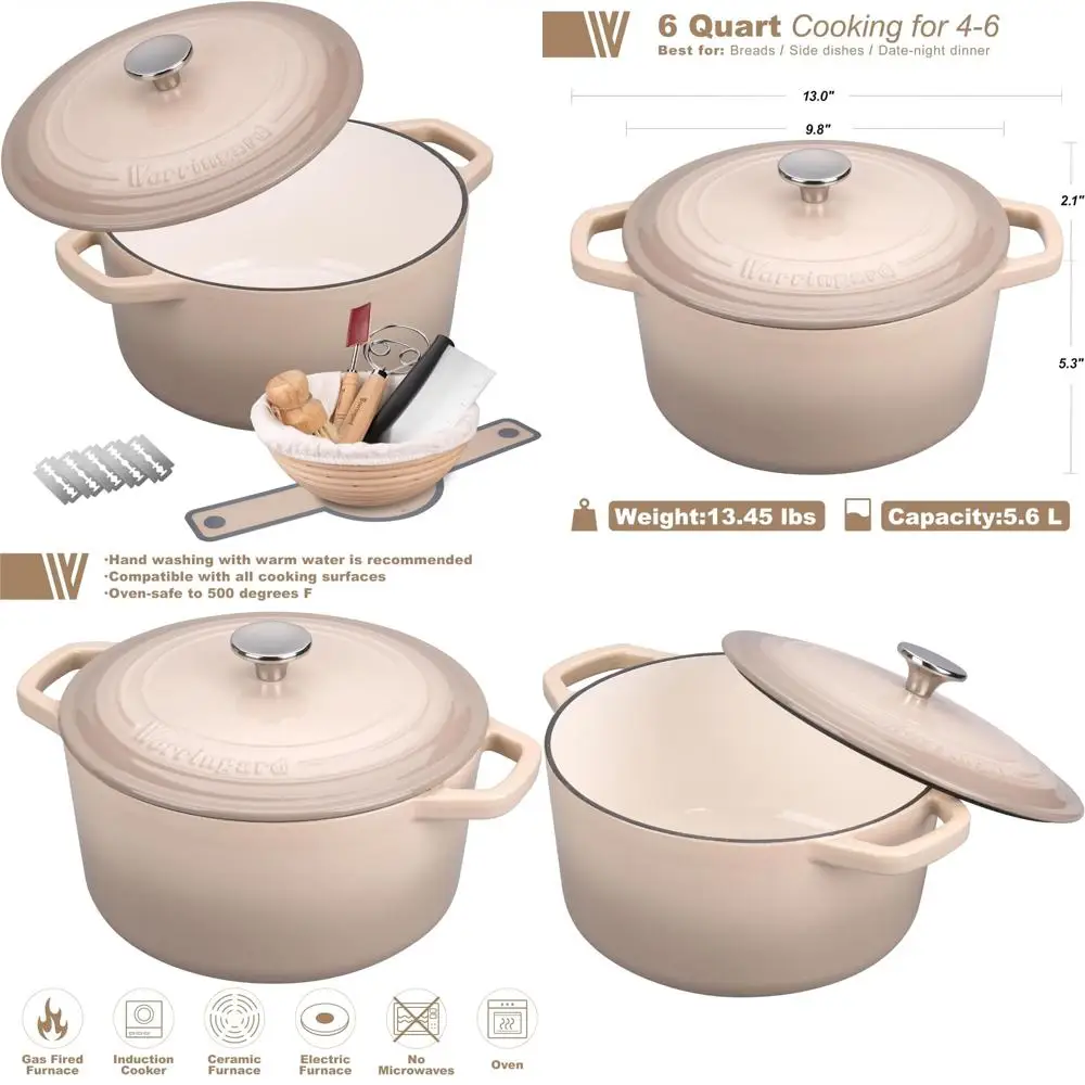 

6-Quart Enamel Cast Iron Dutch Oven with Lid for Bread Baking, Perfect for Sourdough and Baking Supplies Set