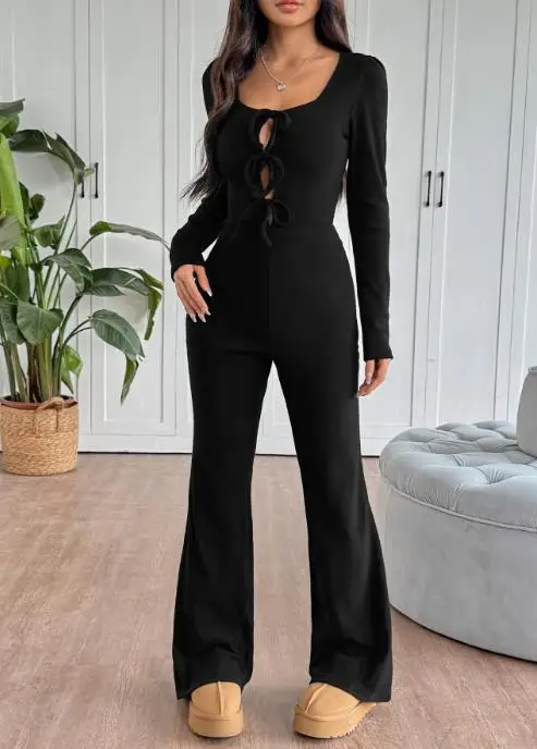 

Jumpsuit Women 2025 Spring New Solid Color Square Neck Slimming Spicy Girl Long Sleeve Lace Up Casual Flare Jumpsuit