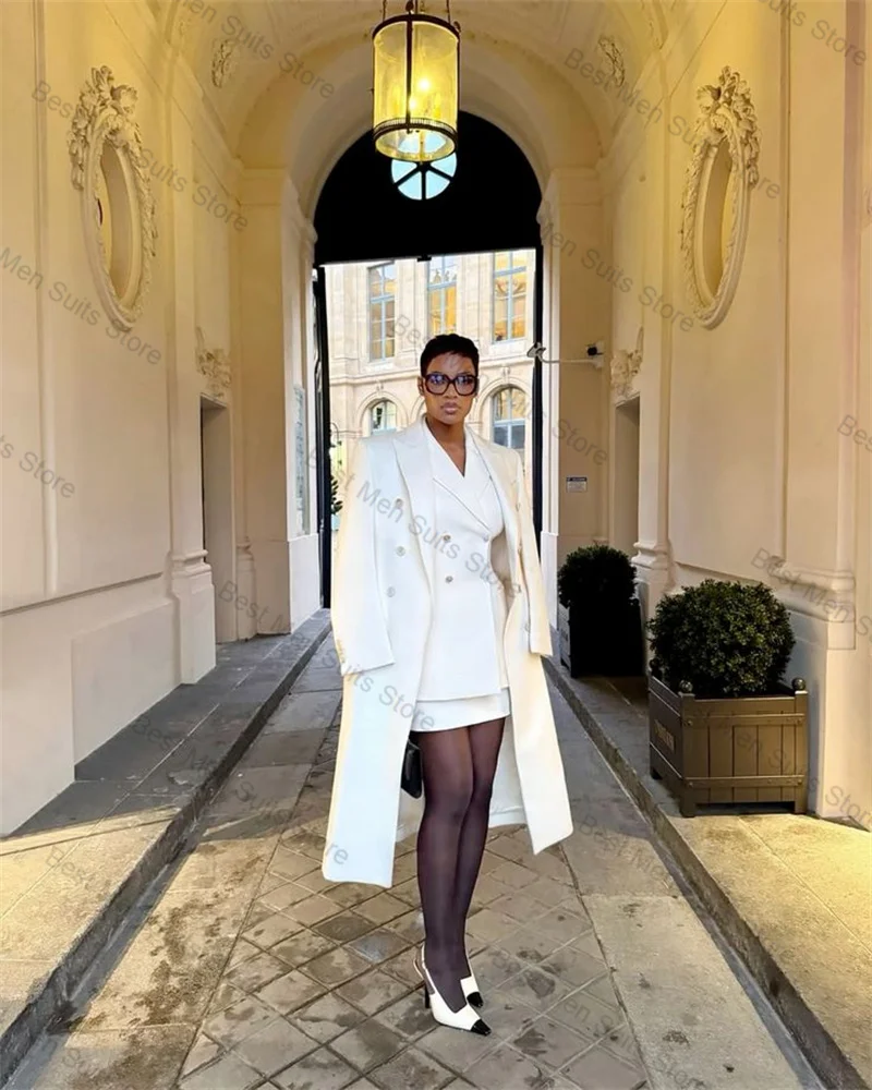 

White Women Suit Skirt Set 3 Pcs Long Overcoat+Blazer+Prom Dress Formal Office Jacket Customized Wedding Tuxedos Cotton Coat