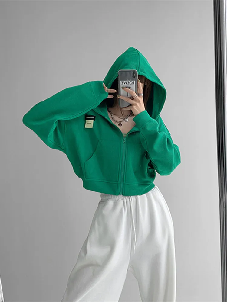 

Waffle Loose Hooded Sweatershirt Women's Autumn Long-sleeved Sports Jacket Solid color Thin Short Crop Top