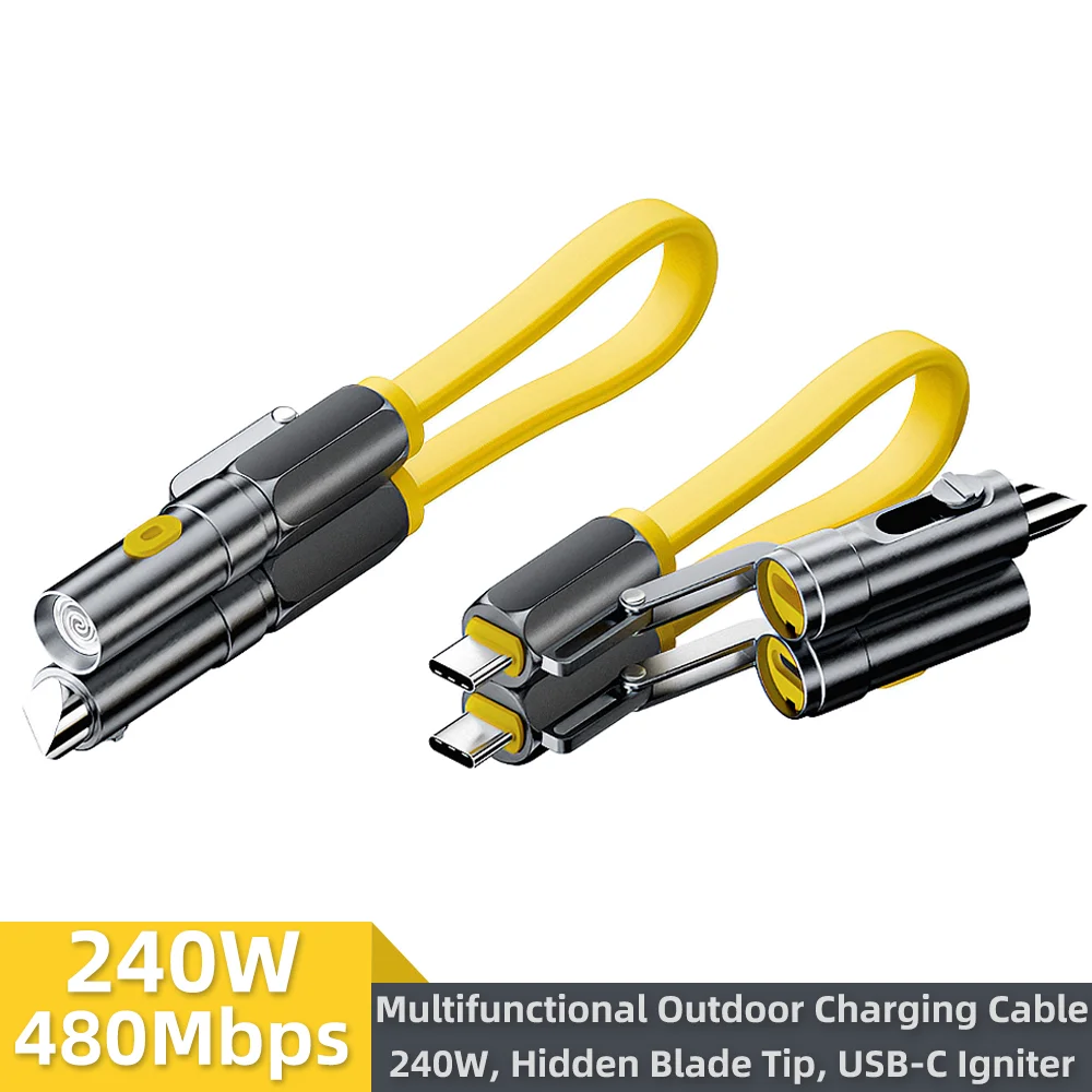 TPE 22cm Short Dual Type-C Charging Wire 240W Fast Charge Multifunctional Outdoor Camping Emergency Igniter With Hidden Cutter
