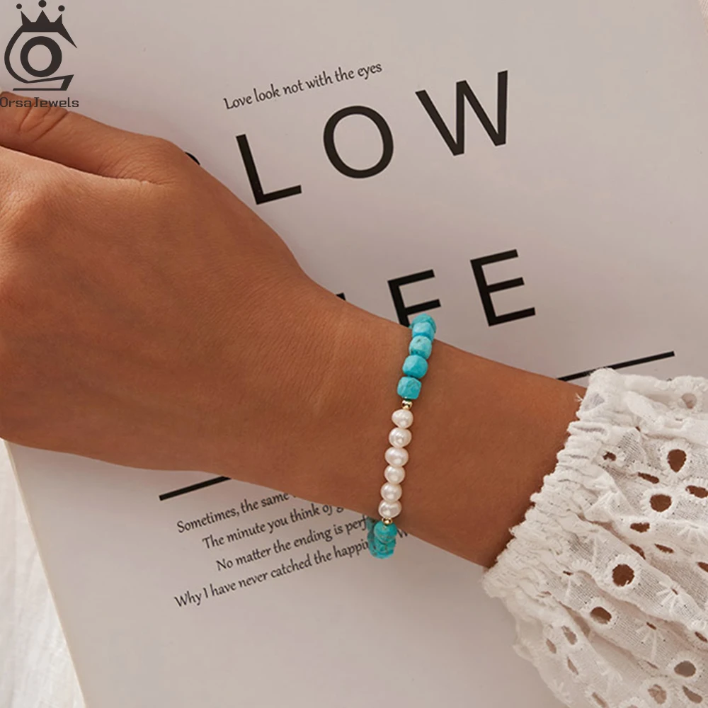 

ORSA JEWELS Handmade 925 Sterling Silver Natural Stone Turquoises Beads Bracelets Jewelry Natural Pearls Bracelet Women MPB08