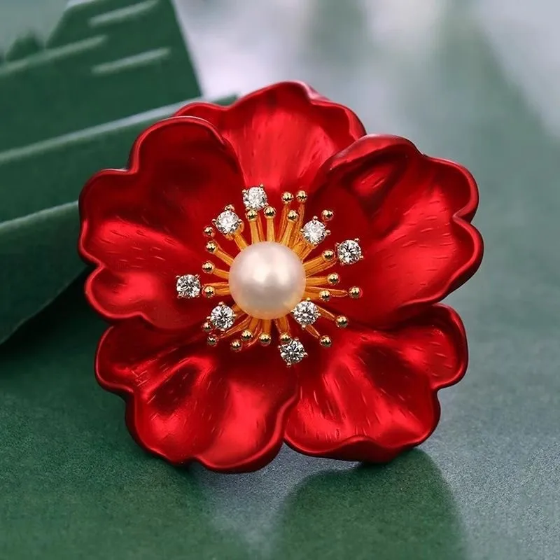 Rinhoo Crystal Pearl Red Color Flower Cat Leaf Brooch For Women Elegant Floral Lapel Pins Plant Badge Party Jewelry