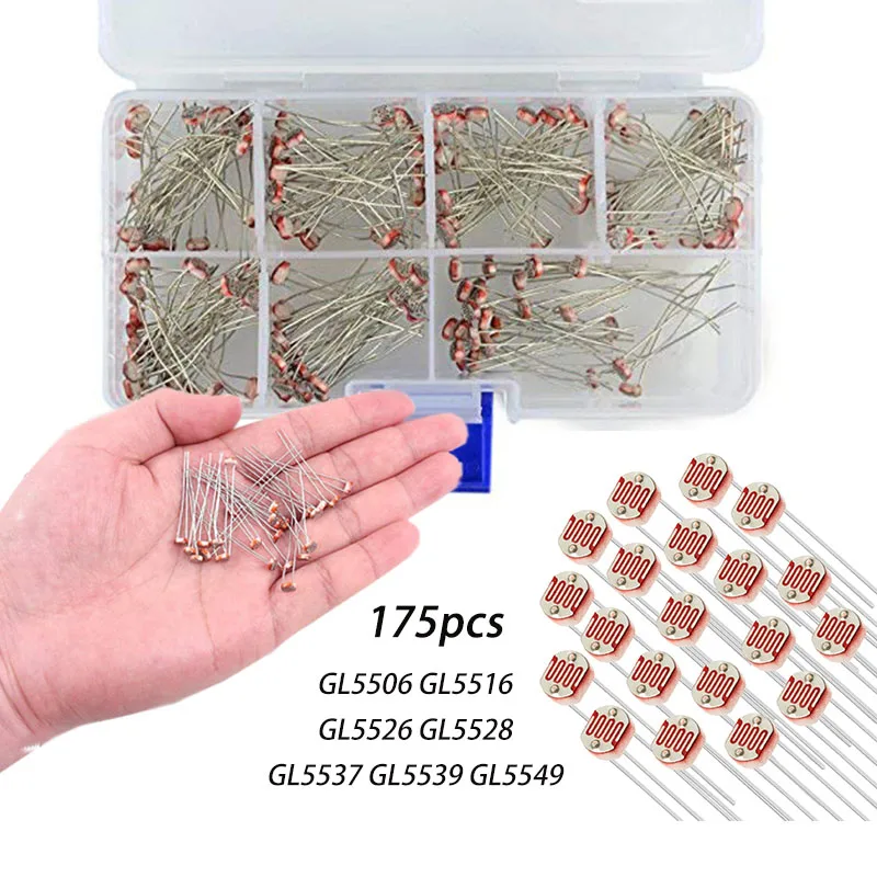 175Pcs/Box 5mm Photoresistor 7Value GL5506 GL5516 GL5526 GL5528 GL5537 GM5539 GL5549 Light Sensitive Resistor Assortment