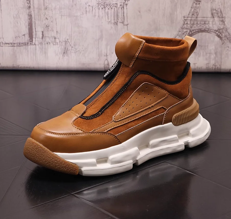 

Luxury Brown shoes high top men's board shoes Korean style trendy cowboy boots casual shoes men