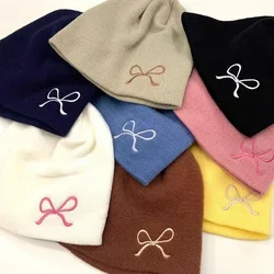 Y2K Bow Embroidered Knitted Hat Autumn And Winter Warm Women Beanies Cap Korean Fashion Solid Color Female Girls Skullcap Bonnet