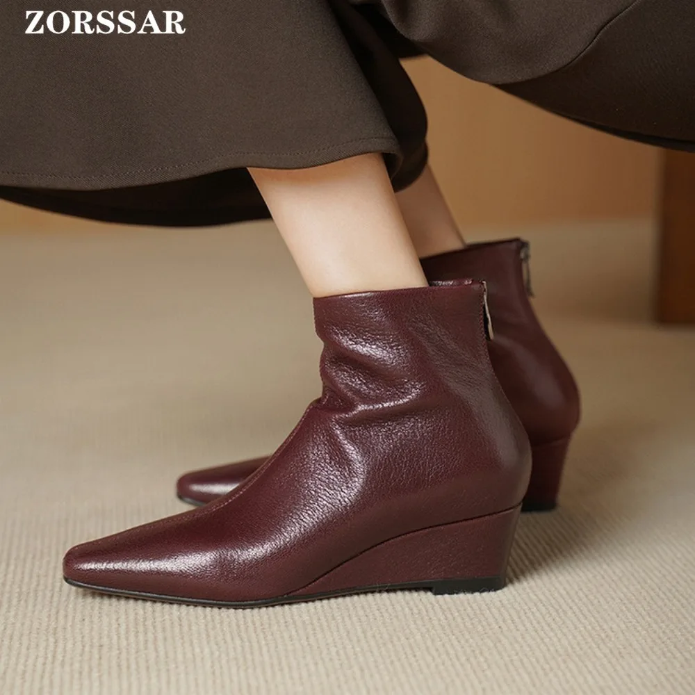 

2025 Winter Classic Chelsea Boots for Woman Genuine Leather Pointed Toe Wedges Ankle Boots Simple Comfortable Cowboy Boot Female