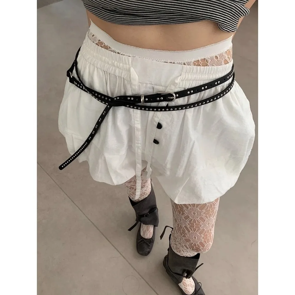 Adjustable PU Leather Waist Belt Gothic Extra Long Thin Double Layer Circle Chain Punk Retro Rivet Eyelet Knotted Belt