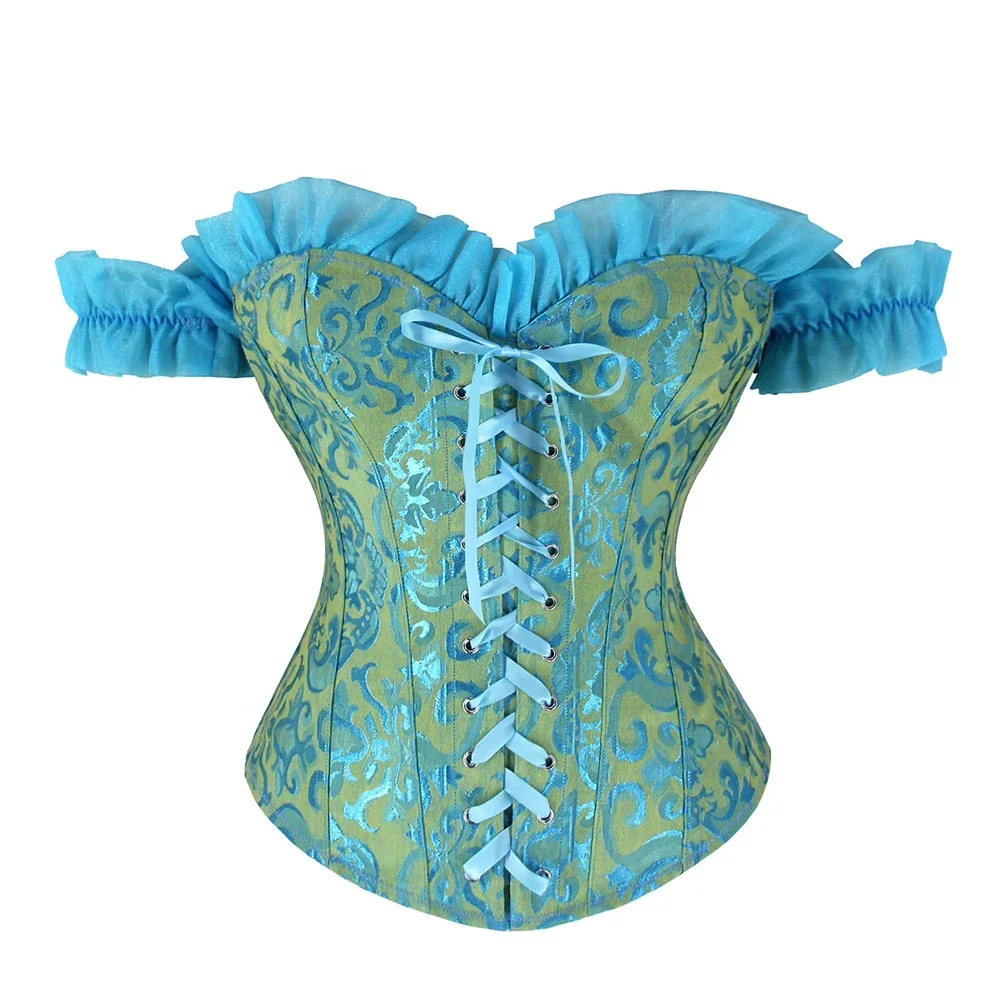 

Blue Print Jacquard Vintage Women Bustier Waist Trainer Corset Top Sexy Lace-Up Gothic Corselet